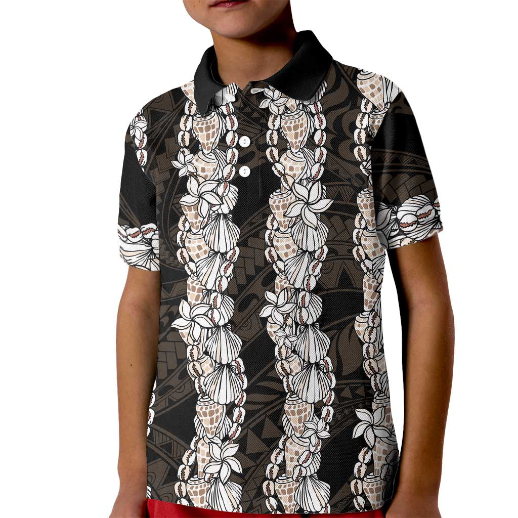 Black and Beige Hawaii Shell Lei Kid Polo Shirt Hawaiian Sunrise Shell Hebrew Cone Plumeria - Polynesian Pride