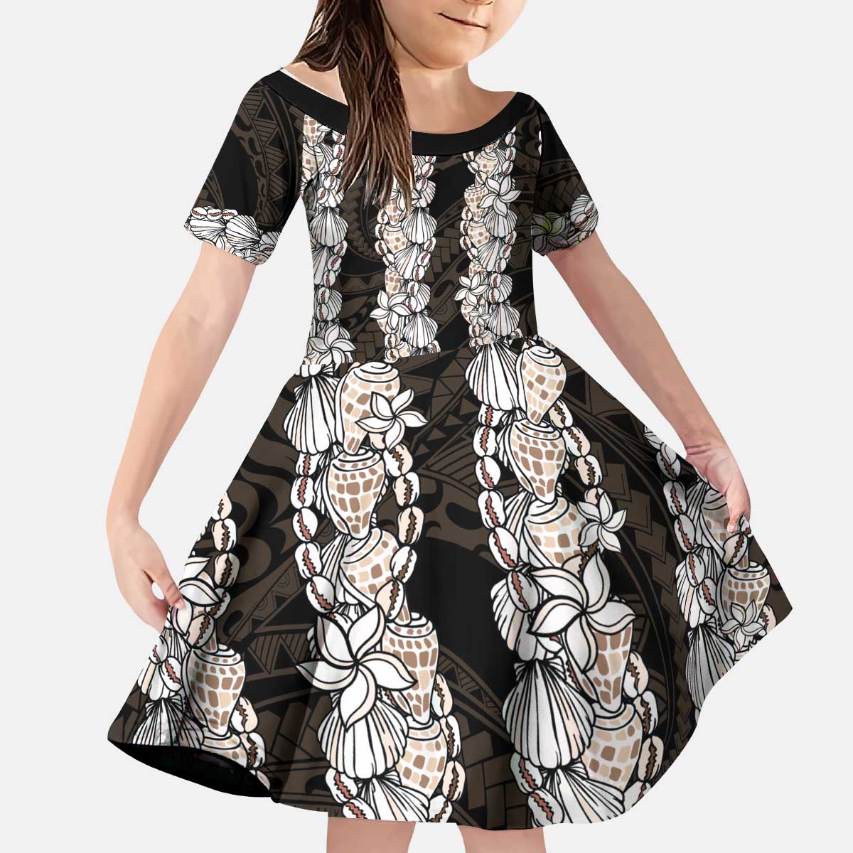Black and Beige Hawaii Shell Lei Kid Short Sleeve Dress Hawaiian Sunrise Shell Hebrew Cone Plumeria - Polynesian Pride