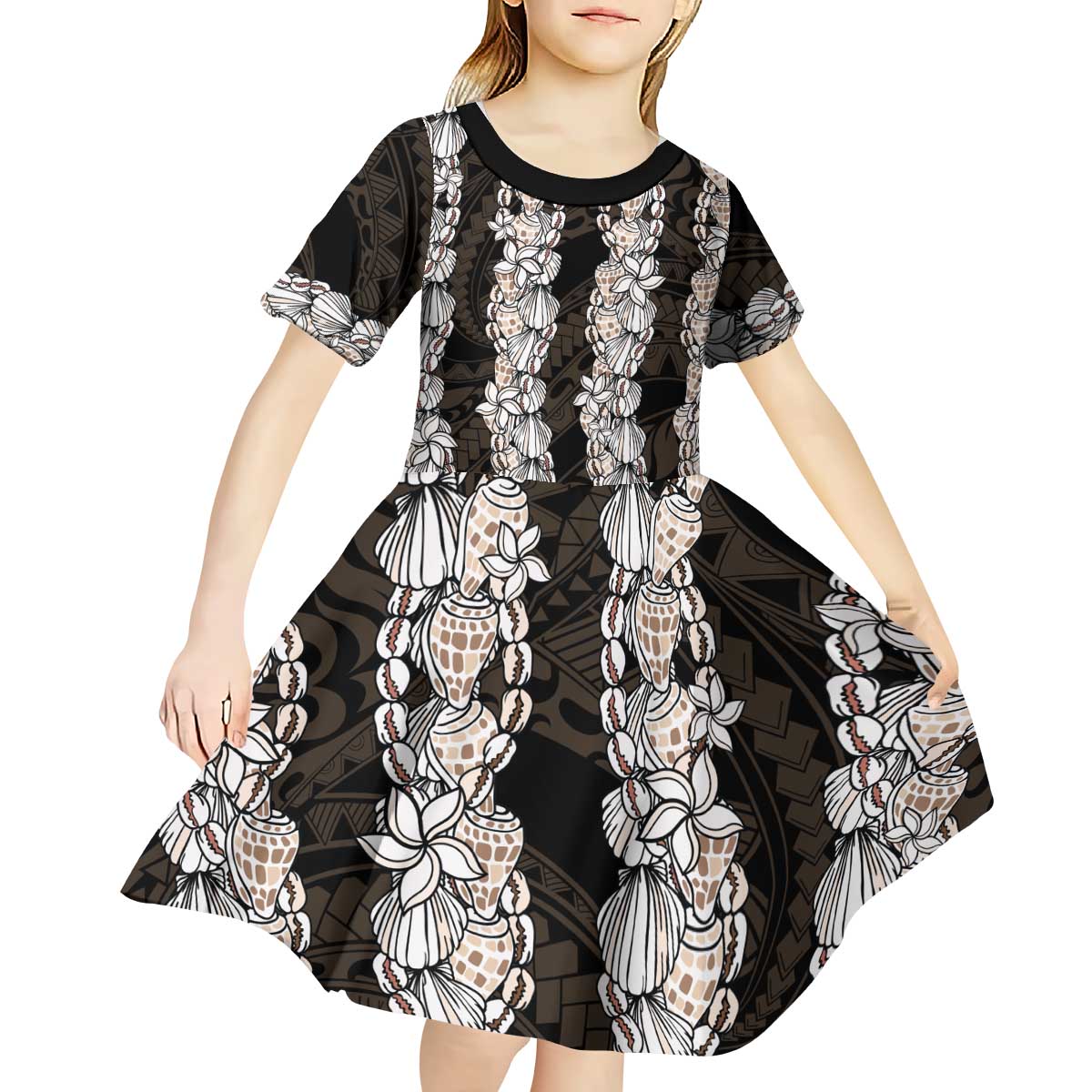 Black and Beige Hawaii Shell Lei Kid Short Sleeve Dress Hawaiian Sunrise Shell Hebrew Cone Plumeria - Polynesian Pride