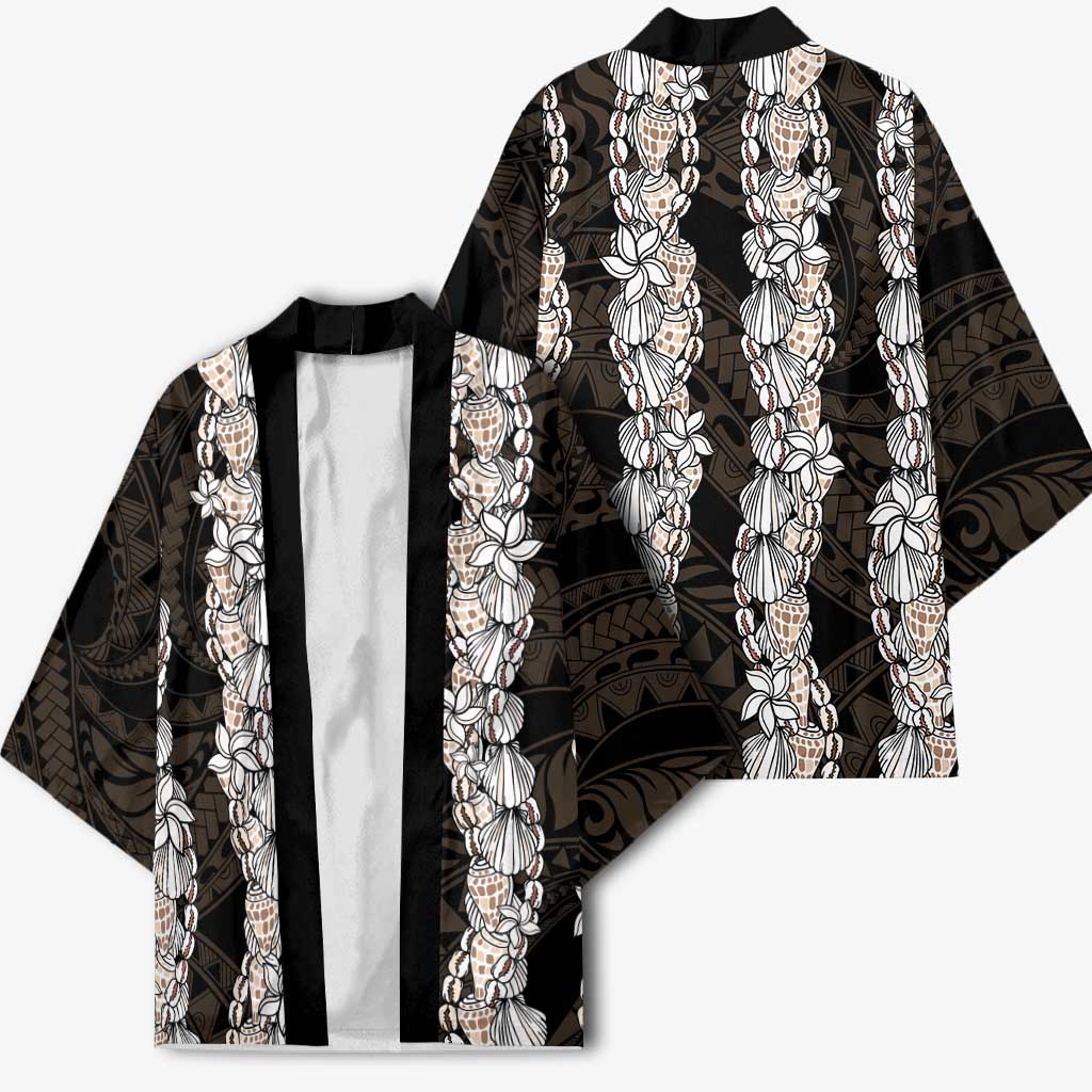 Black and Beige Hawaii Shell Lei Kimono Hawaiian Sunrise Shell Hebrew Cone Plumeria - Polynesian Pride