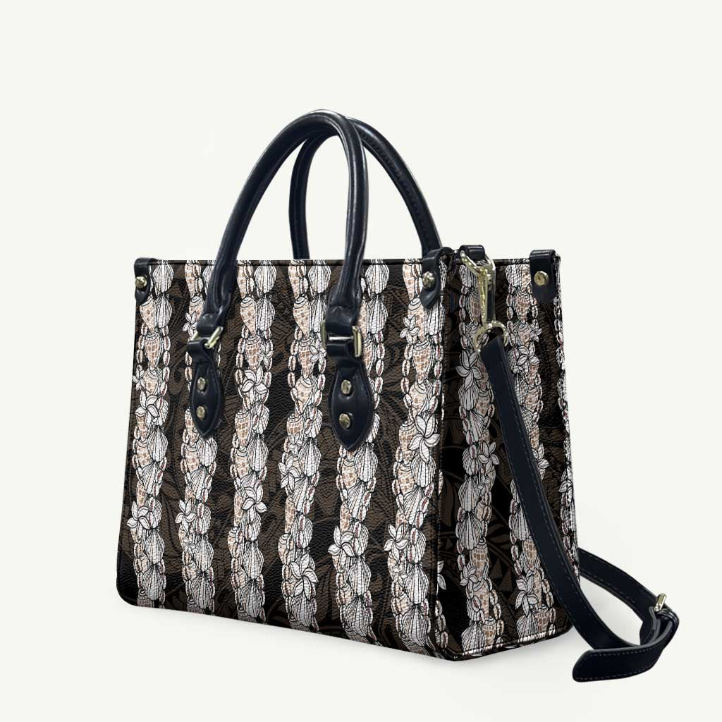 Black and Beige Hawaii Shell Lei Leather Bag Hawaiian Sunrise Shell Hebrew Cone Plumeria - Polynesian Pride