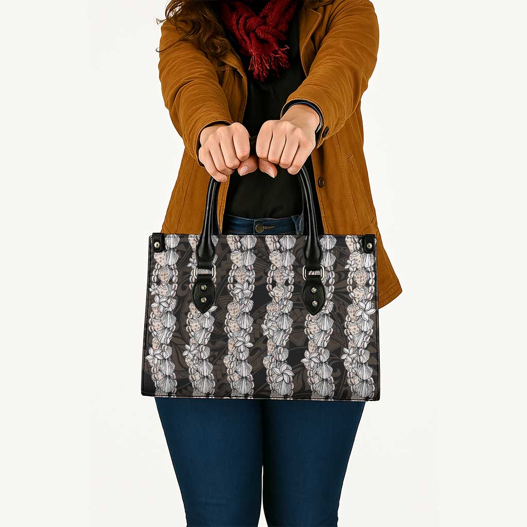 Black and Beige Hawaii Shell Lei Leather Bag Hawaiian Sunrise Shell Hebrew Cone Plumeria - Polynesian Pride