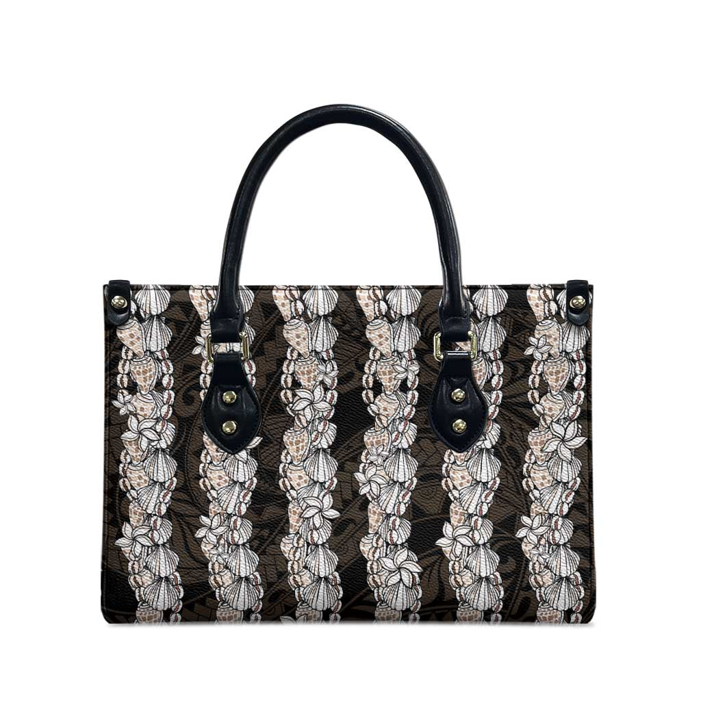 Black and Beige Hawaii Shell Lei Leather Bag Hawaiian Sunrise Shell Hebrew Cone Plumeria - Polynesian Pride