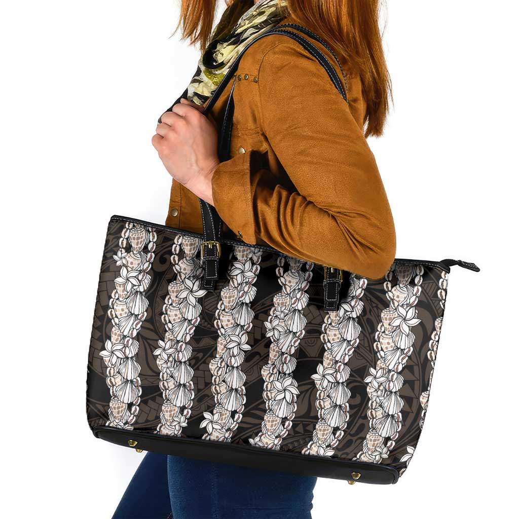 Black and Beige Hawaii Shell Lei Leather Tote Bag Hawaiian Sunrise Shell Hebrew Cone Plumeria - Polynesian Pride