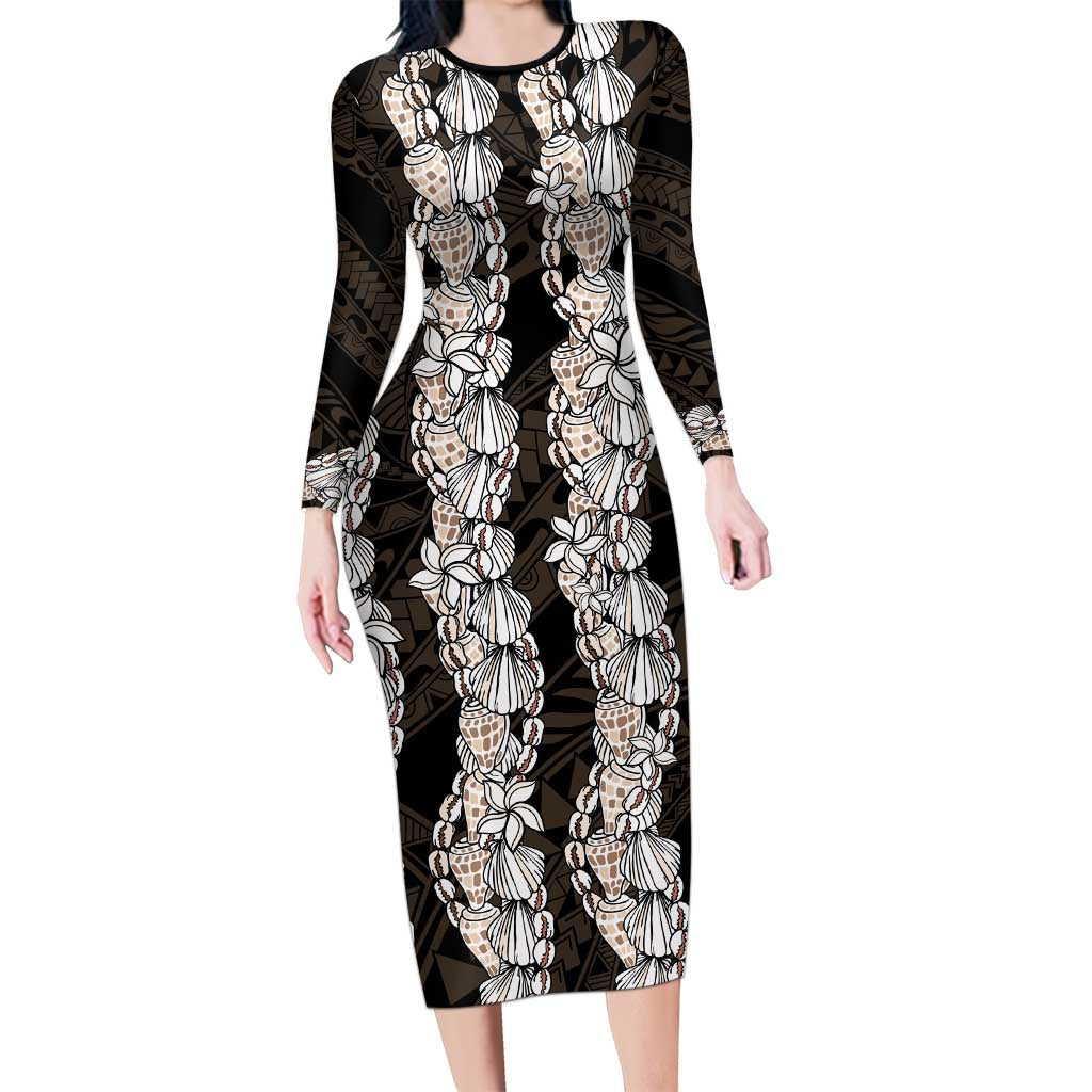 Black and Beige Hawaii Shell Lei Long Sleeve Bodycon Dress Hawaiian Sunrise Shell Hebrew Cone Plumeria - Polynesian Pride