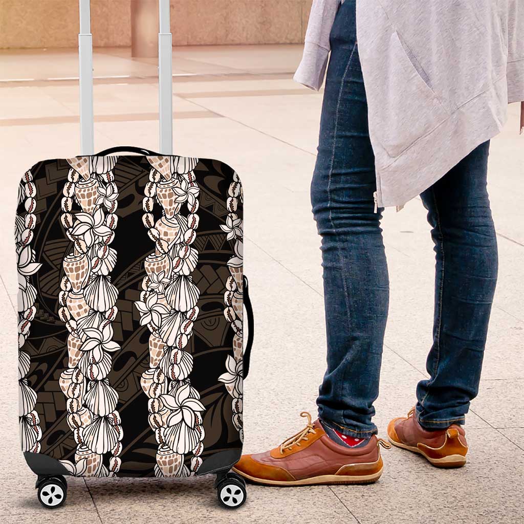 Black and Beige Hawaii Shell Lei Luggage Cover Hawaiian Sunrise Shell Hebrew Cone Plumeria - Polynesian Pride