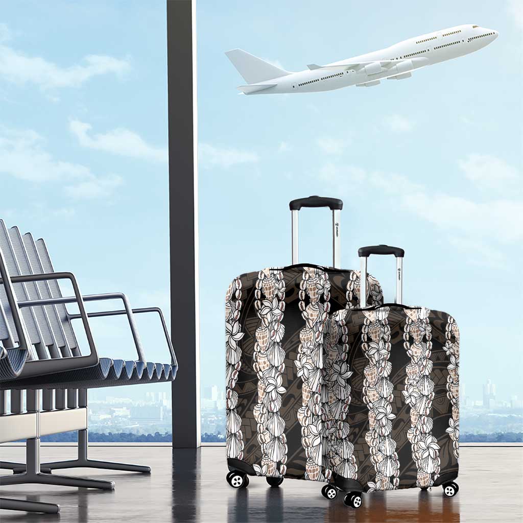 Black and Beige Hawaii Shell Lei Luggage Cover Hawaiian Sunrise Shell Hebrew Cone Plumeria - Polynesian Pride