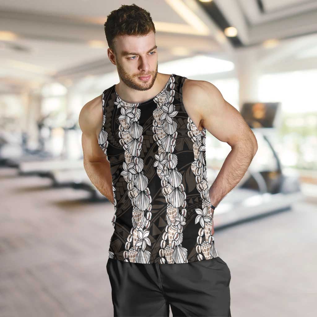 Black and Beige Hawaii Shell Lei Men Tank Top Hawaiian Sunrise Shell Hebrew Cone Plumeria - Polynesian Pride