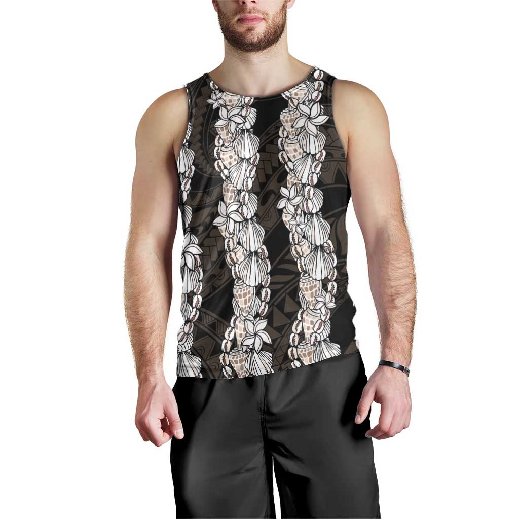 Black and Beige Hawaii Shell Lei Men Tank Top Hawaiian Sunrise Shell Hebrew Cone Plumeria - Polynesian Pride