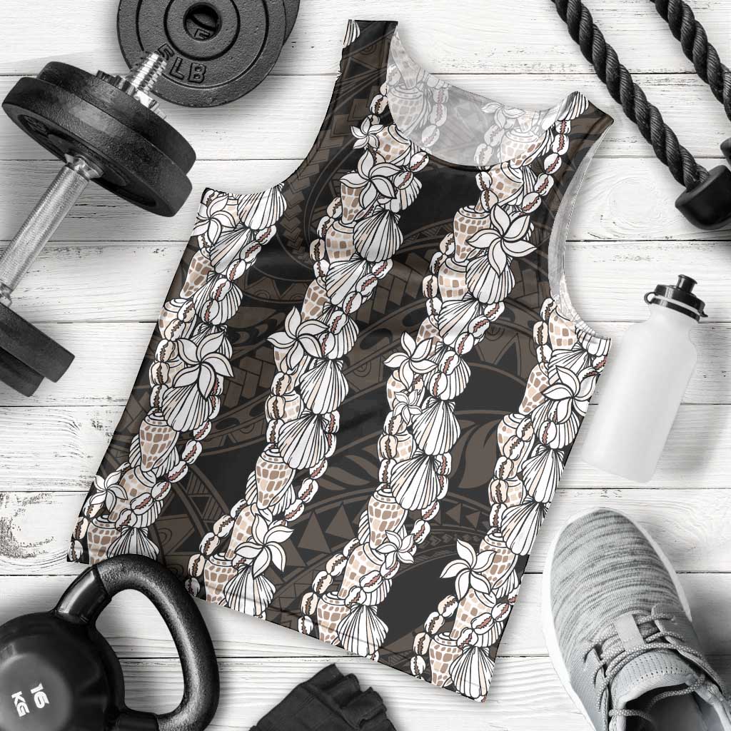 Black and Beige Hawaii Shell Lei Men Tank Top Hawaiian Sunrise Shell Hebrew Cone Plumeria - Polynesian Pride