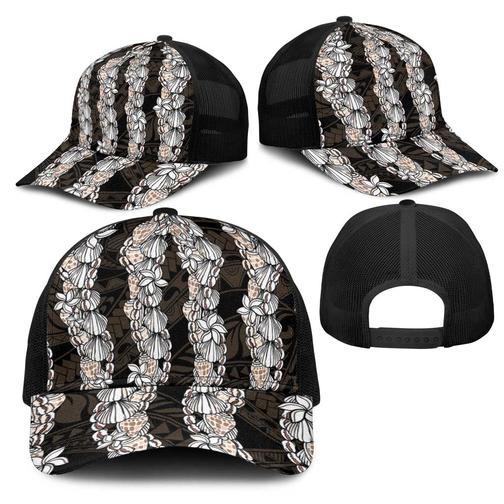 Black and Beige Hawaii Shell Lei Mesh Trucker Cap Hawaiian Sunrise Shell Hebrew Cone Plumeria - Polynesian Pride