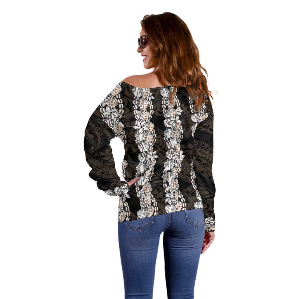 Black and Beige Hawaii Shell Lei Off Shoulder Sweater Hawaiian Sunrise Shell Hebrew Cone Plumeria - Polynesian Pride
