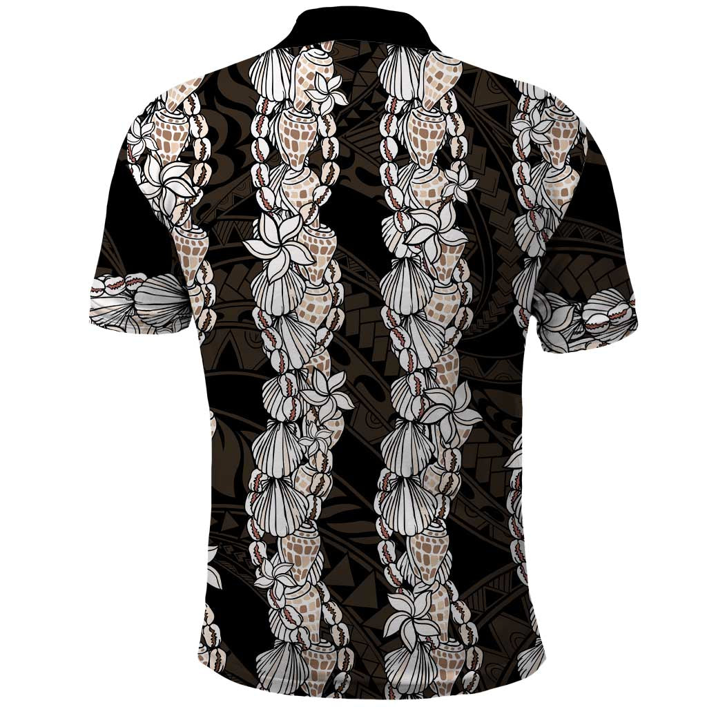 Black and Beige Hawaii Shell Lei Polo Shirt Hawaiian Sunrise Shell Hebrew Cone Plumeria - Polynesian Pride