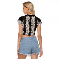 Black and Beige Hawaii Shell Lei Raglan Cropped T Shirt Hawaiian Sunrise Shell Hebrew Cone Plumeria - Polynesian Pride