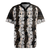 Black and Beige Hawaii Shell Lei Rugby Jersey Hawaiian Sunrise Shell Hebrew Cone Plumeria - Polynesian Pride