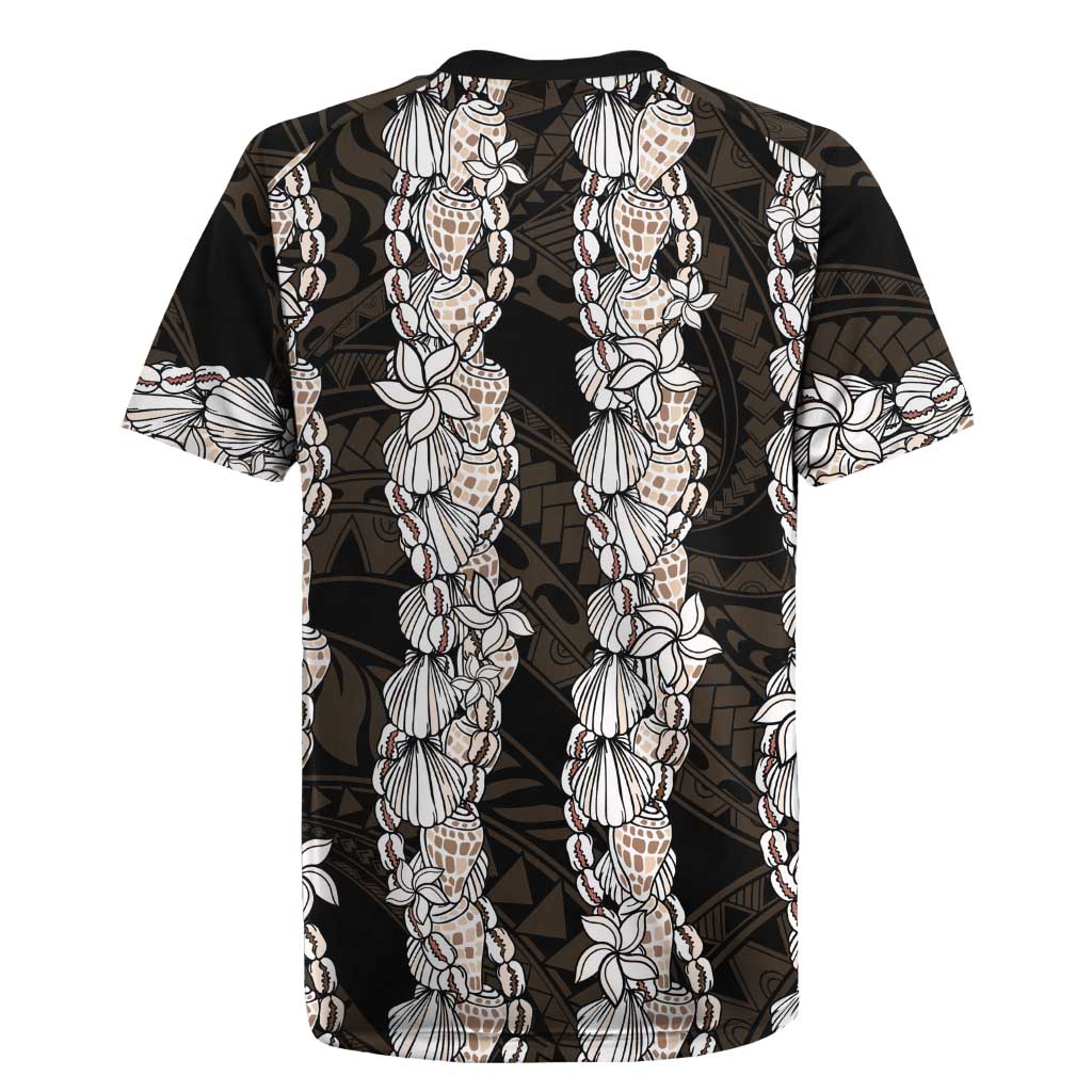 Black and Beige Hawaii Shell Lei Rugby Jersey Hawaiian Sunrise Shell Hebrew Cone Plumeria - Polynesian Pride