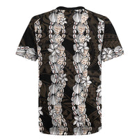 Black and Beige Hawaii Shell Lei Rugby Jersey Hawaiian Sunrise Shell Hebrew Cone Plumeria - Polynesian Pride