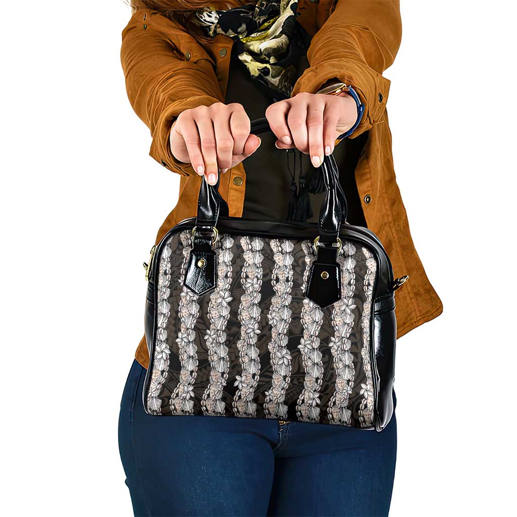 Black and Beige Hawaii Shell Lei Shoulder Handbag Hawaiian Sunrise Shell Hebrew Cone Plumeria - Polynesian Pride