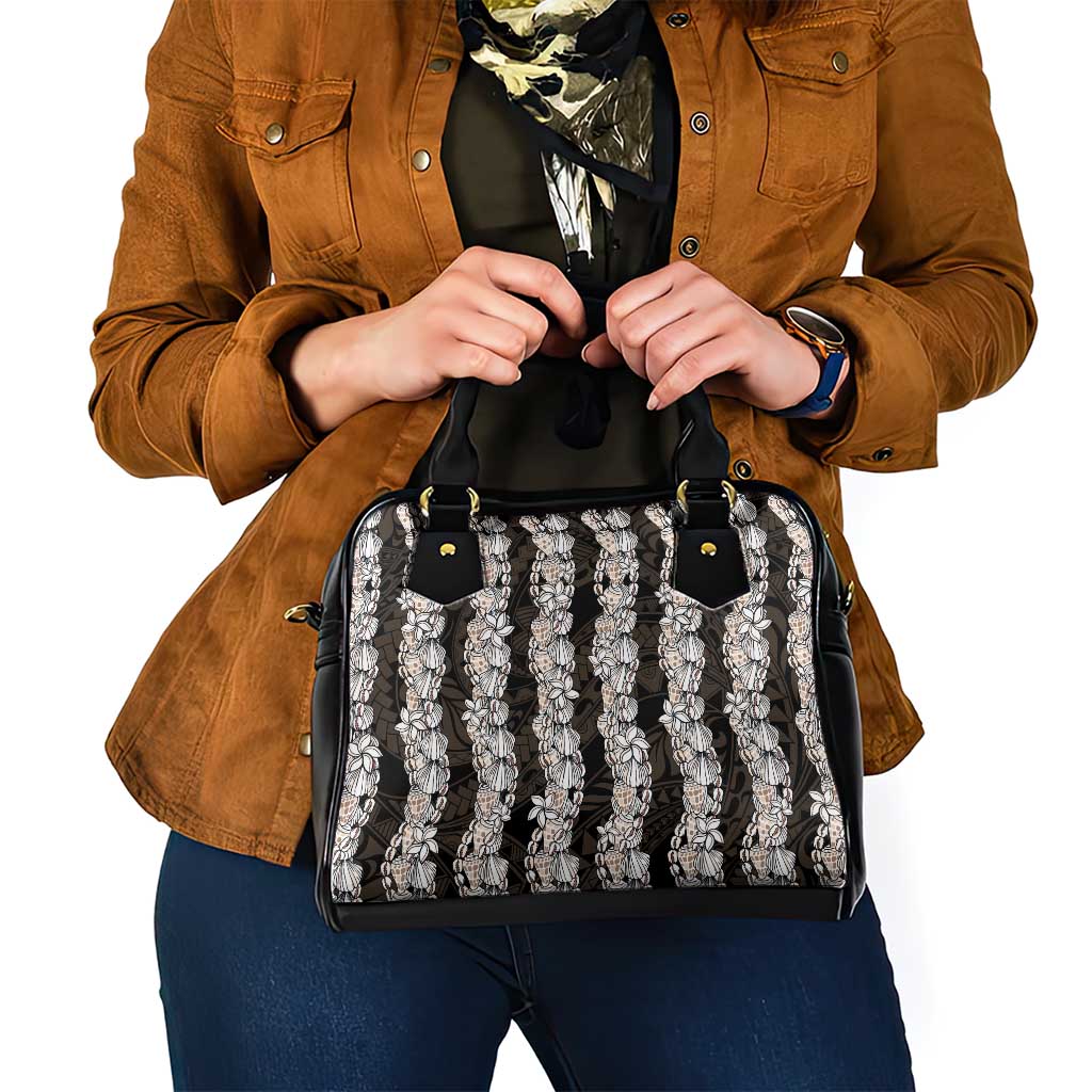 Black and Beige Hawaii Shell Lei Shoulder Handbag Hawaiian Sunrise Shell Hebrew Cone Plumeria - Polynesian Pride