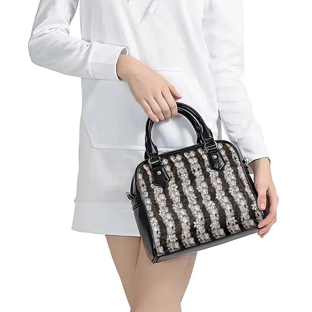 Black and Beige Hawaii Shell Lei Shoulder Handbag Hawaiian Sunrise Shell Hebrew Cone Plumeria - Polynesian Pride
