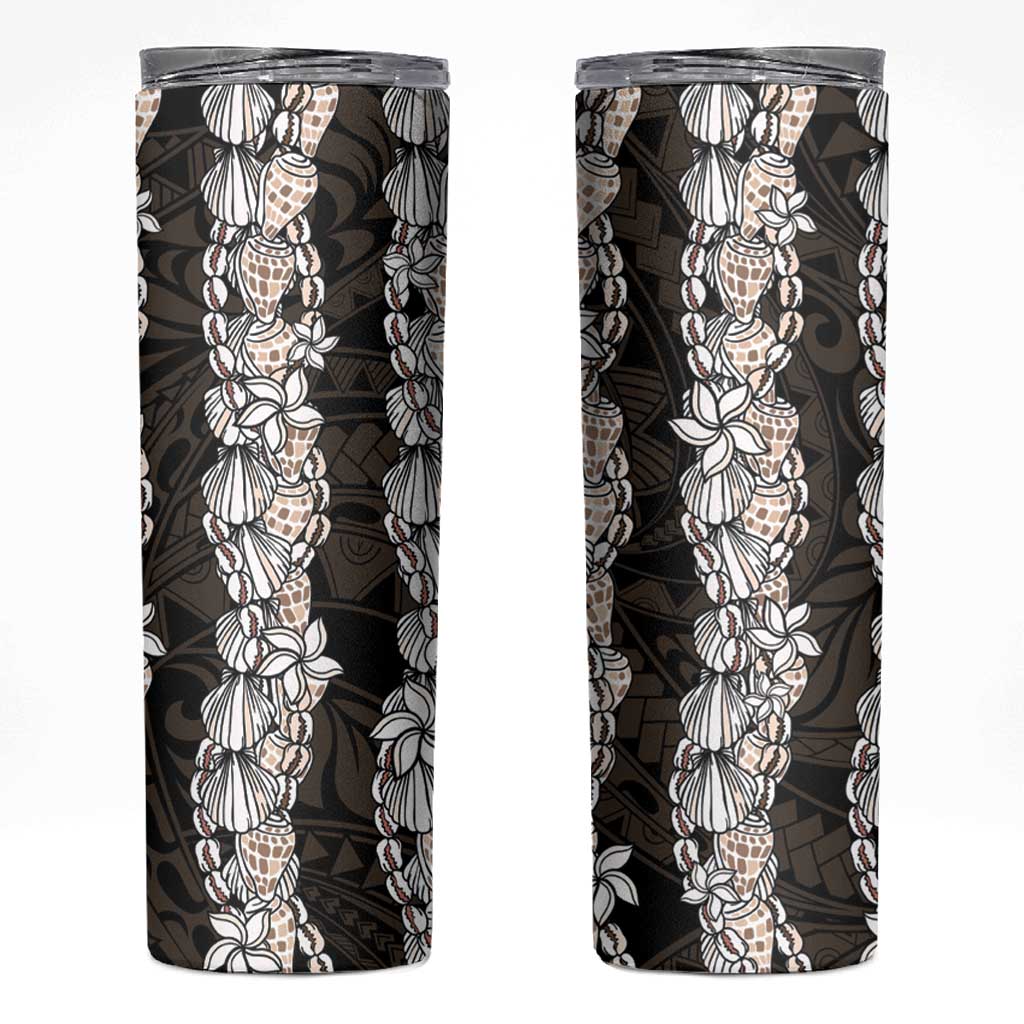 Black and Beige Hawaii Shell Lei Skinny Tumbler Hawaiian Sunrise Shell Hebrew Cone Plumeria LT14 Black - Polynesian Pride