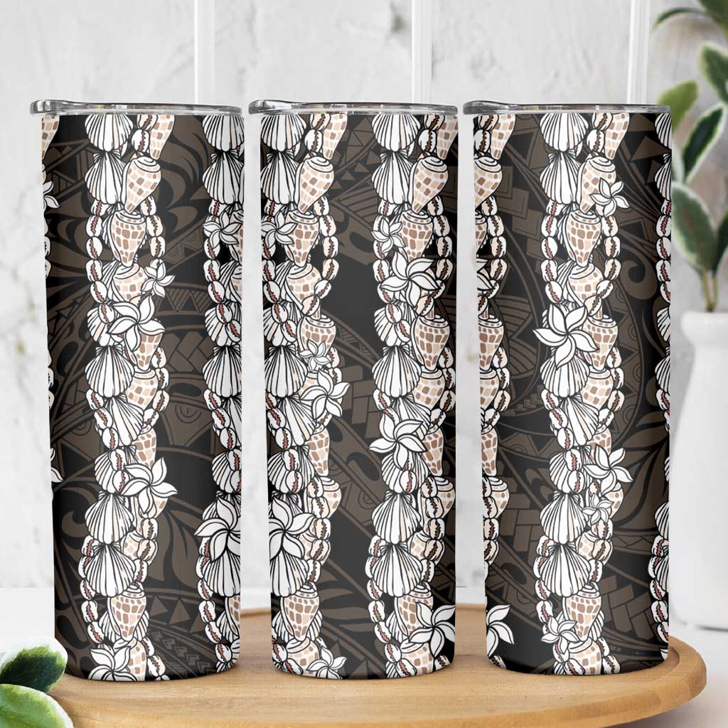 Black and Beige Hawaii Shell Lei Skinny Tumbler Hawaiian Sunrise Shell Hebrew Cone Plumeria LT14 - Polynesian Pride