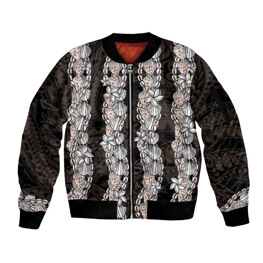 Black and Beige Hawaii Shell Lei Sleeve Zip Bomber Jacket Hawaiian Sunrise Shell Hebrew Cone Plumeria LT14 Unisex Black - Polynesian Pride