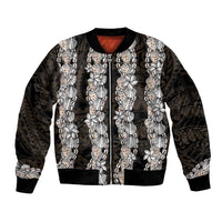 Black and Beige Hawaii Shell Lei Sleeve Zip Bomber Jacket Hawaiian Sunrise Shell Hebrew Cone Plumeria LT14 Unisex Black - Polynesian Pride