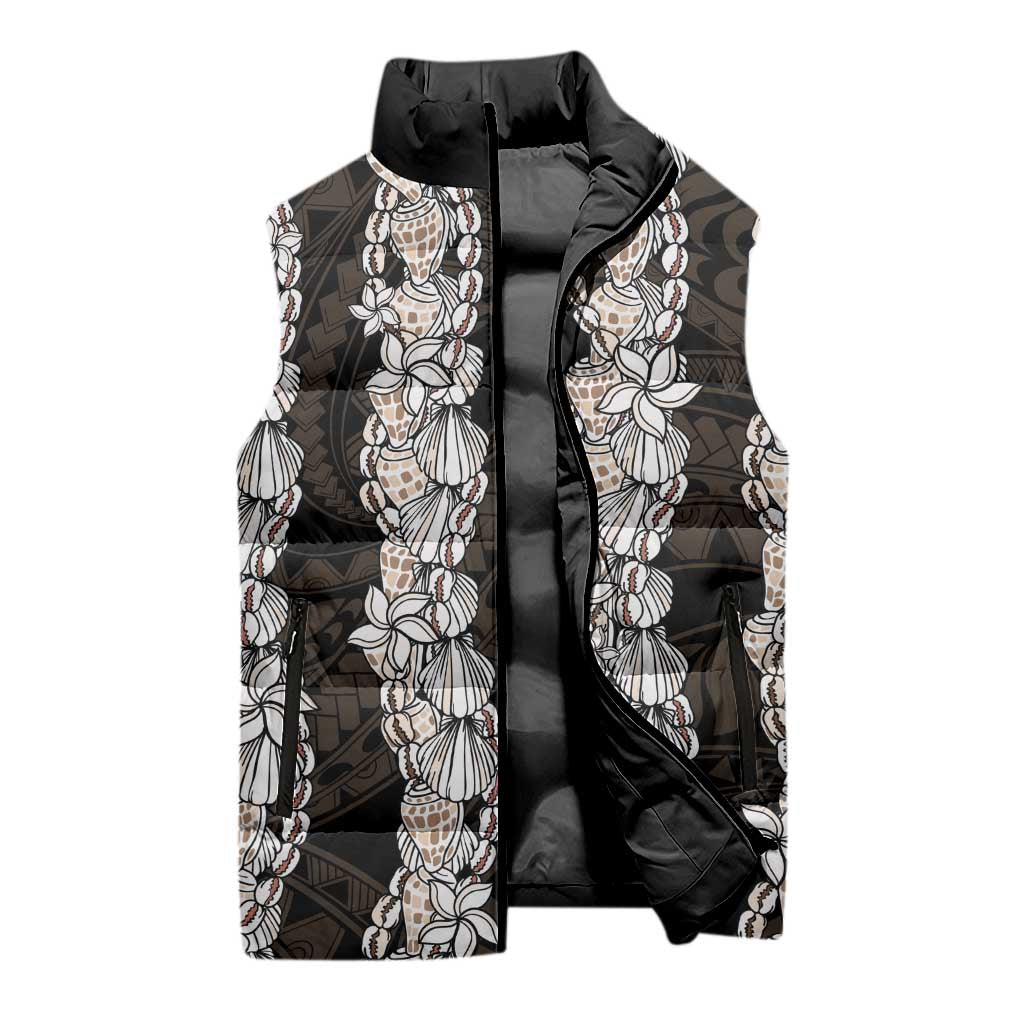 Black and Beige Hawaii Shell Lei Sleeveless Puffer Jacket Hawaiian Sunrise Shell Hebrew Cone Plumeria - Polynesian Pride