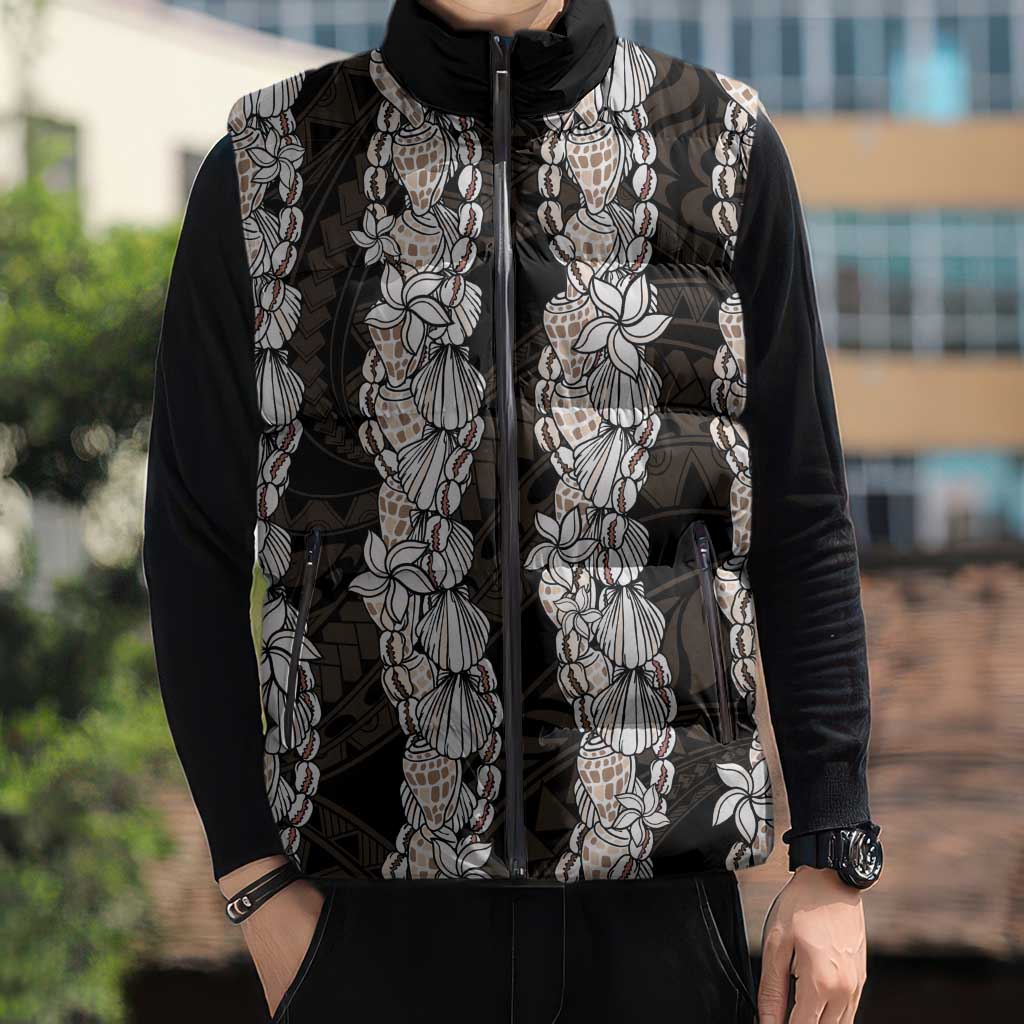 Black and Beige Hawaii Shell Lei Sleeveless Puffer Jacket Hawaiian Sunrise Shell Hebrew Cone Plumeria - Polynesian Pride