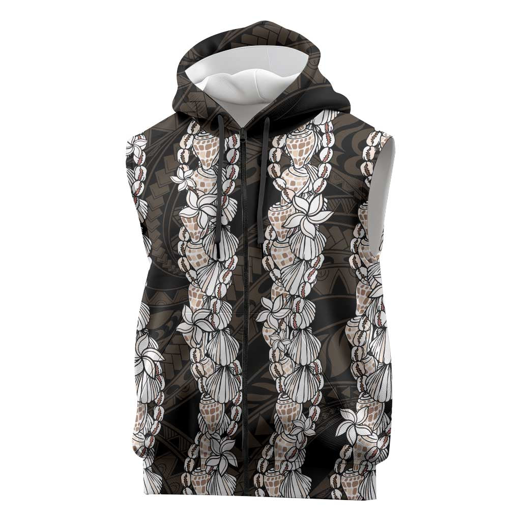Black and Beige Hawaii Shell Lei Sleeveless Zip Hoodie Hawaiian Sunrise Shell Hebrew Cone Plumeria - Polynesian Pride