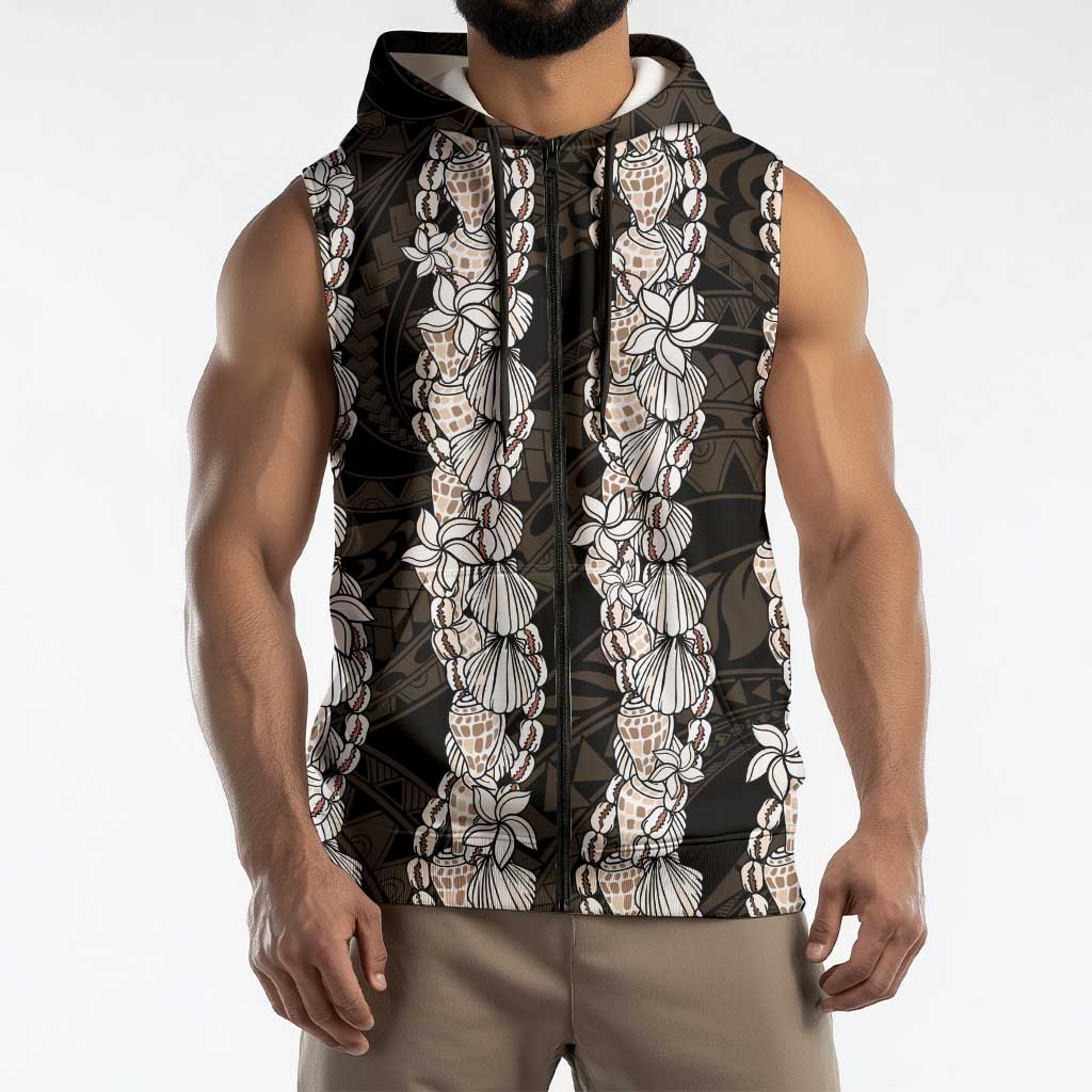 Black and Beige Hawaii Shell Lei Sleeveless Zip Hoodie Hawaiian Sunrise Shell Hebrew Cone Plumeria - Polynesian Pride