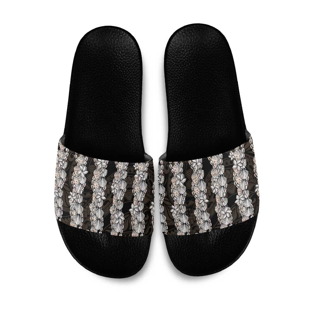 Black and Beige Hawaii Shell Lei Slide Sandals Hawaiian Sunrise Shell Hebrew Cone Plumeria - Polynesian Pride