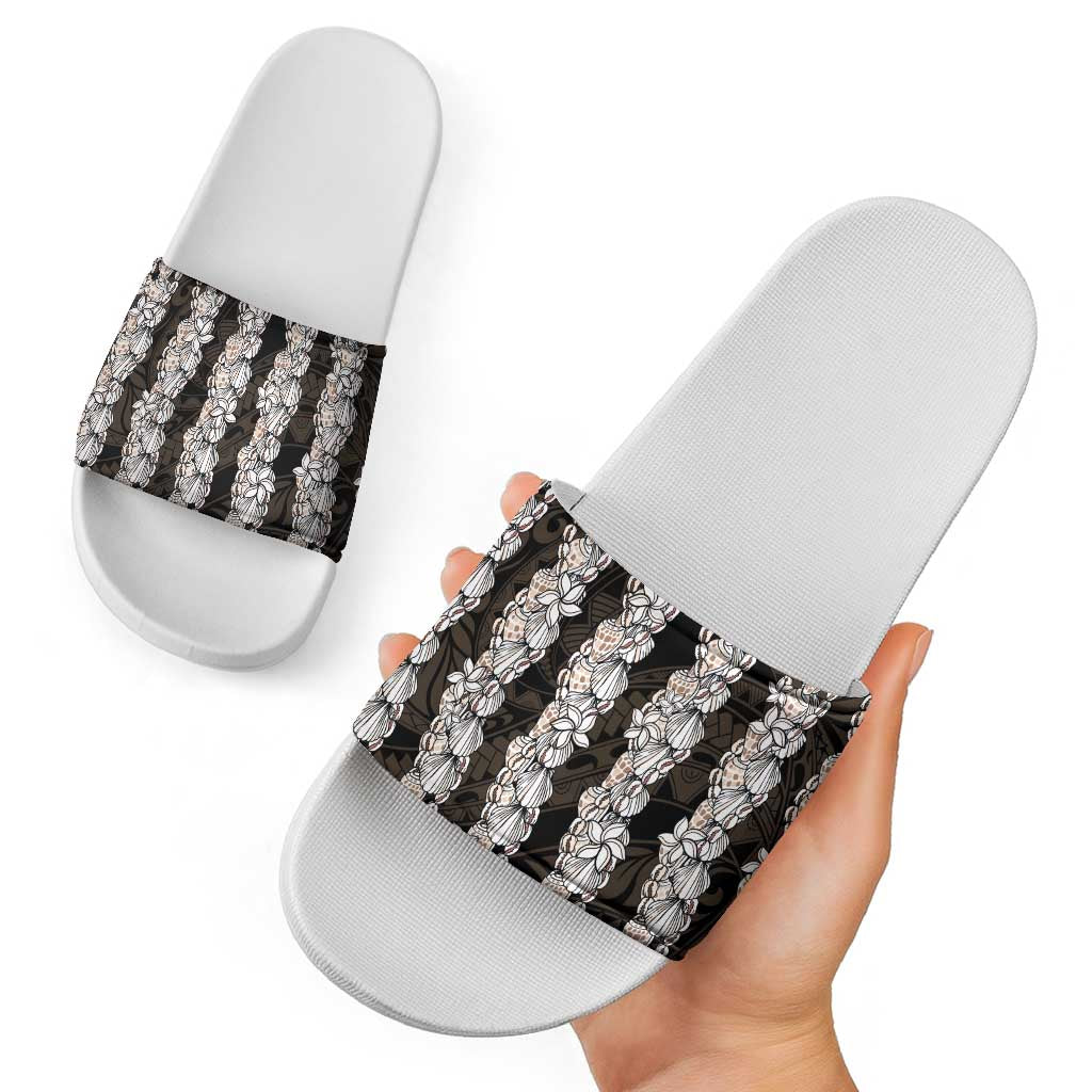 Black and Beige Hawaii Shell Lei Slide Sandals Hawaiian Sunrise Shell Hebrew Cone Plumeria - Polynesian Pride