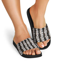 Black and Beige Hawaii Shell Lei Slide Sandals Hawaiian Sunrise Shell Hebrew Cone Plumeria - Polynesian Pride