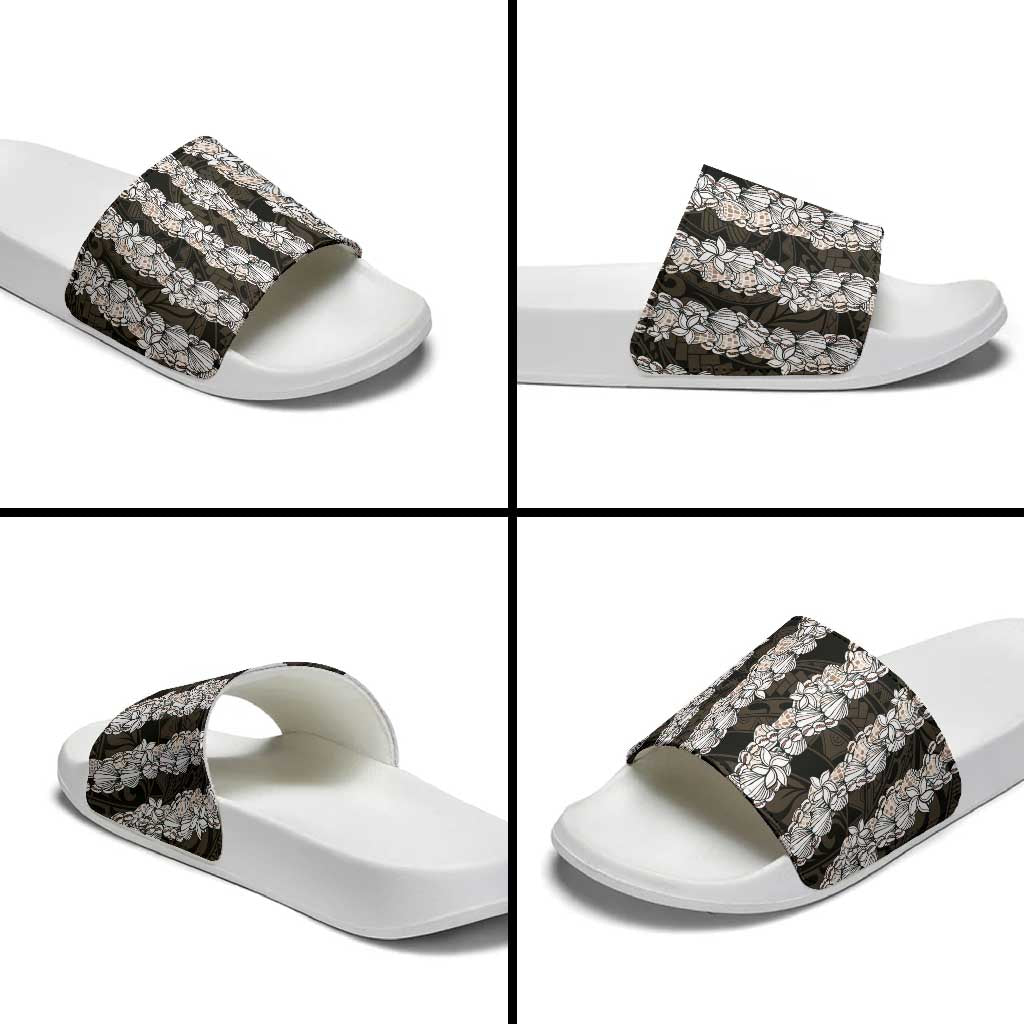 Black and Beige Hawaii Shell Lei Slide Sandals Hawaiian Sunrise Shell Hebrew Cone Plumeria - Polynesian Pride