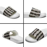 Black and Beige Hawaii Shell Lei Slide Sandals Hawaiian Sunrise Shell Hebrew Cone Plumeria - Polynesian Pride