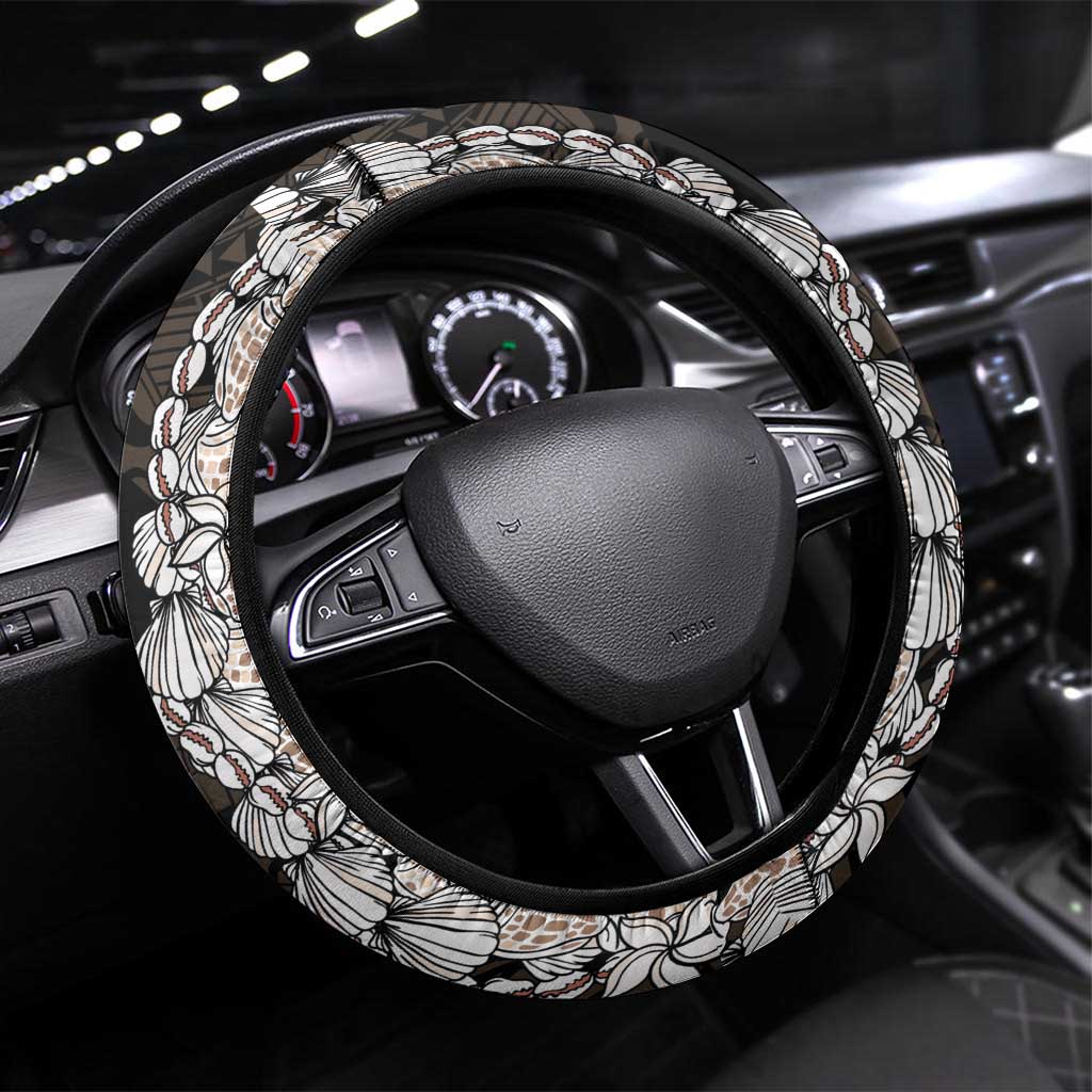 Black and Beige Hawaii Shell Lei Steering Wheel Cover Hawaiian Sunrise Shell Hebrew Cone Plumeria - Polynesian Pride