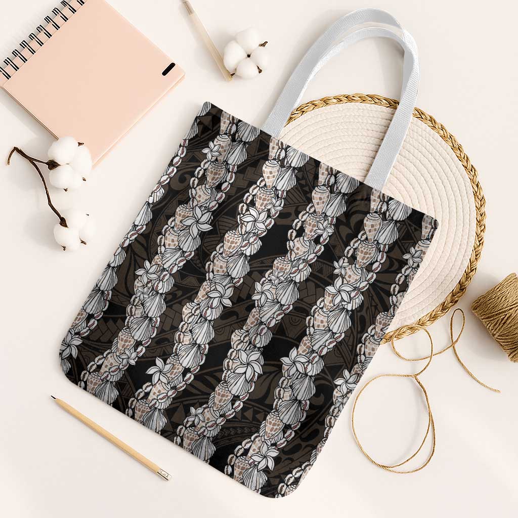 Black and Beige Hawaii Shell Lei Tote Bag Hawaiian Sunrise Shell Hebrew Cone Plumeria - Polynesian Pride