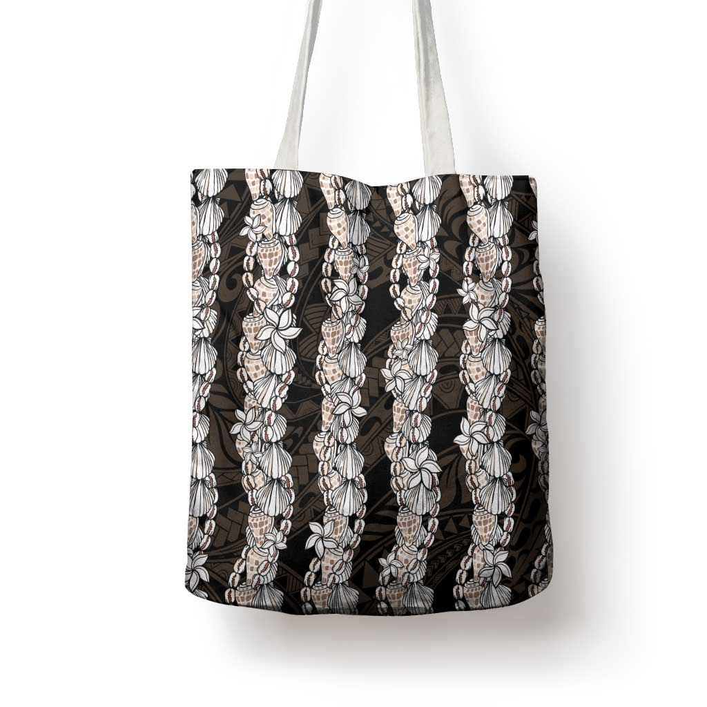 Black and Beige Hawaii Shell Lei Tote Bag Hawaiian Sunrise Shell Hebrew Cone Plumeria - Polynesian Pride