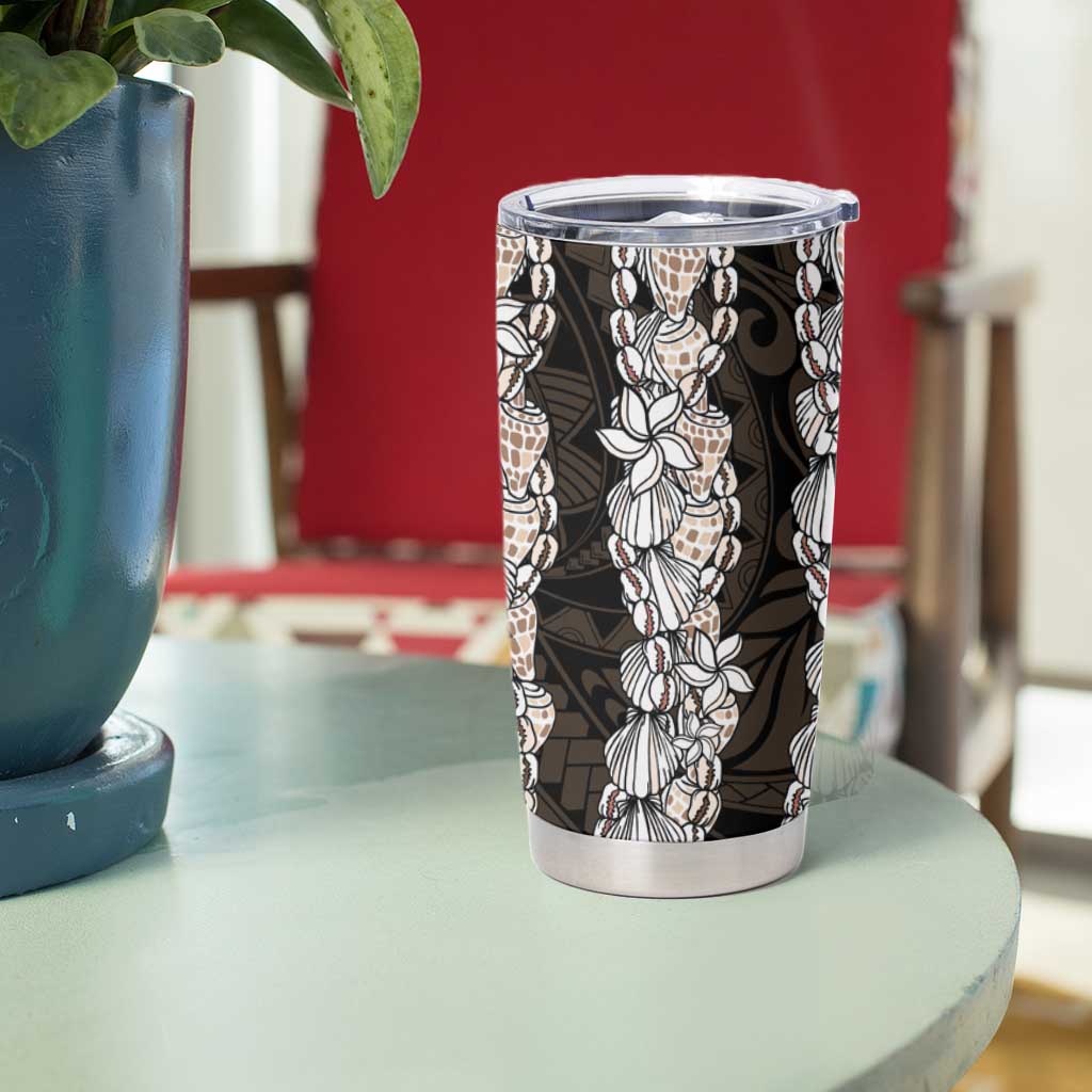 Black and Beige Hawaii Shell Lei Tumbler Cup Hawaiian Sunrise Shell Hebrew Cone Plumeria - Polynesian Pride