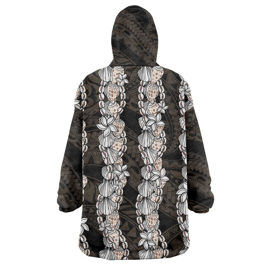 Black and Beige Hawaii Shell Lei Wearable Blanket Hoodie Hawaiian Sunrise Shell Hebrew Cone Plumeria - Polynesian Pride
