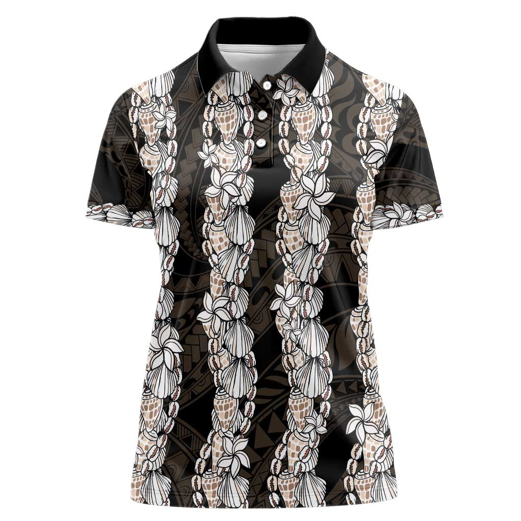 Black and Beige Hawaii Shell Lei Women Polo Shirt Hawaiian Sunrise Shell Hebrew Cone Plumeria - Polynesian Pride