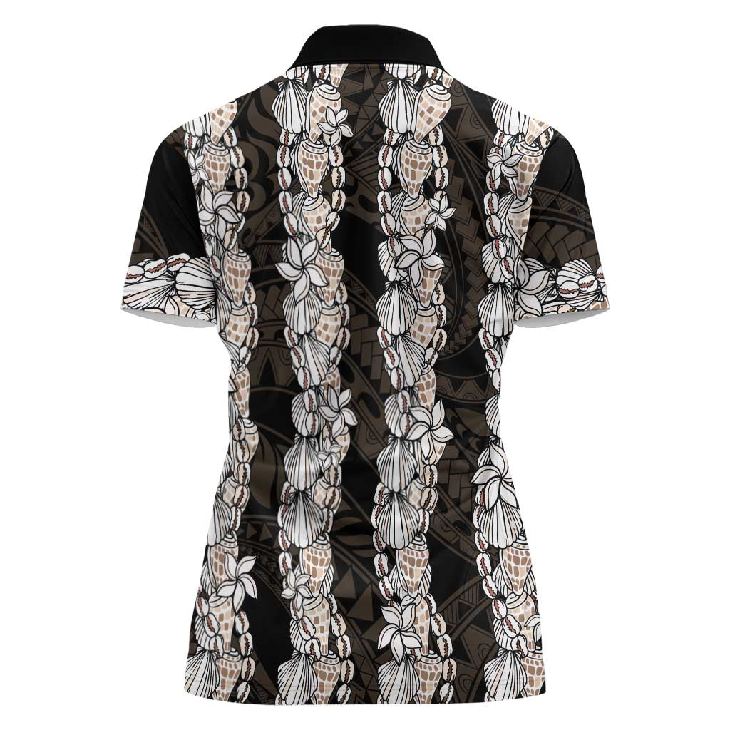Black and Beige Hawaii Shell Lei Women Polo Shirt Hawaiian Sunrise Shell Hebrew Cone Plumeria - Polynesian Pride