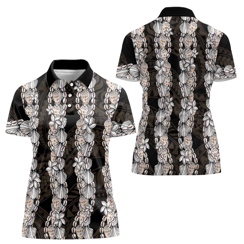 Black and Beige Hawaii Shell Lei Women Polo Shirt Hawaiian Sunrise Shell Hebrew Cone Plumeria - Polynesian Pride