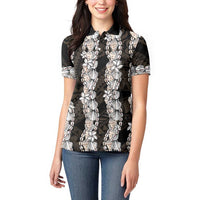 Black and Beige Hawaii Shell Lei Women Polo Shirt Hawaiian Sunrise Shell Hebrew Cone Plumeria - Polynesian Pride