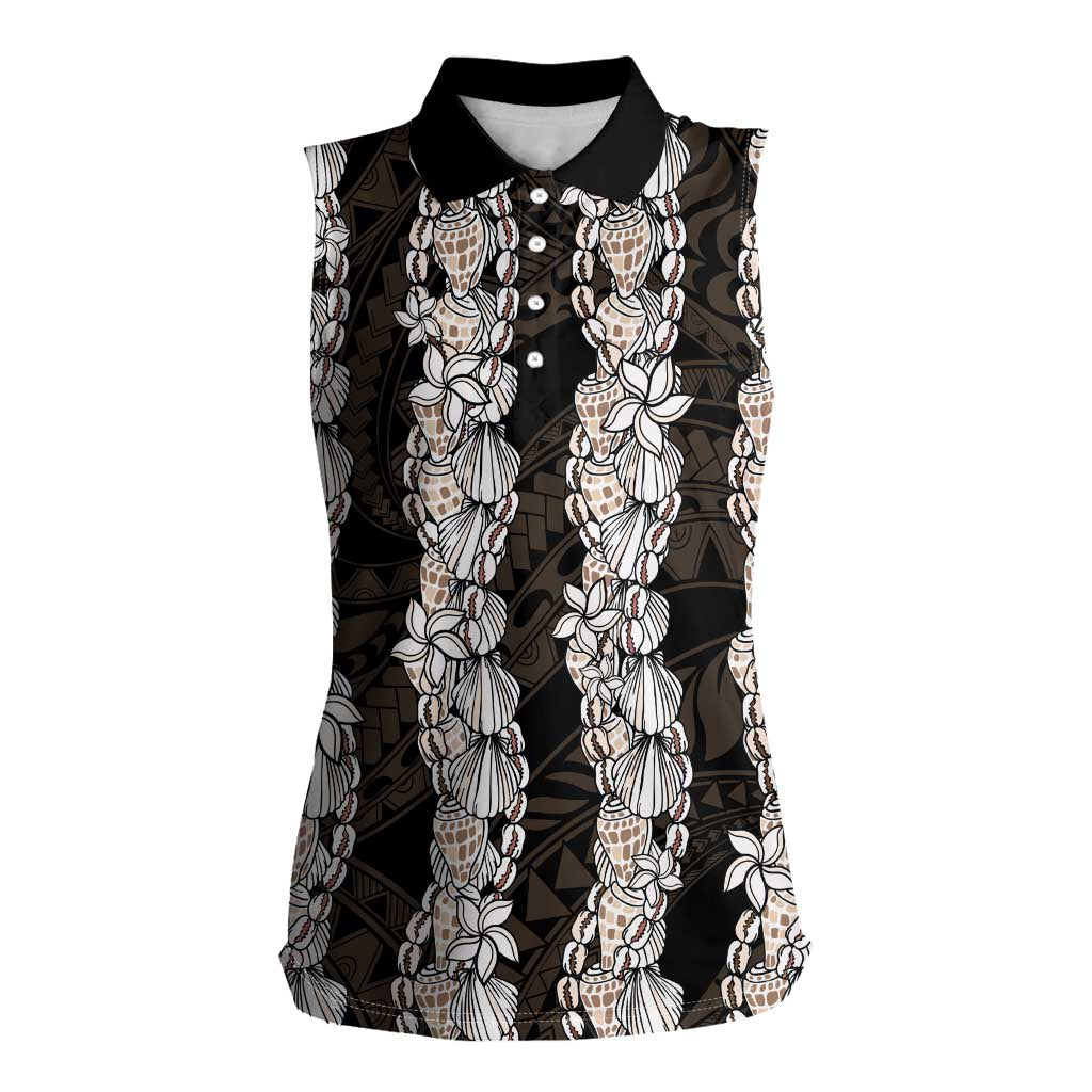 Black and Beige Hawaii Shell Lei Women Sleeveless Polo Shirt Hawaiian Sunrise Shell Hebrew Cone Plumeria LT14 Female Black - Polynesian Pride