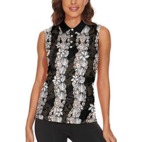 Black and Beige Hawaii Shell Lei Women Sleeveless Polo Shirt Hawaiian Sunrise Shell Hebrew Cone Plumeria LT14 - Polynesian Pride