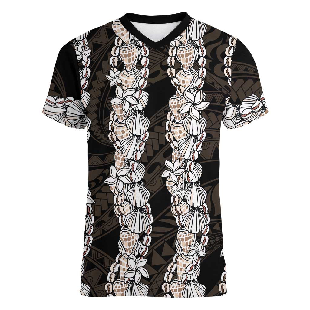 Black and Beige Hawaii Shell Lei Women V-Neck T-Shirt Hawaiian Sunrise Shell Hebrew Cone Plumeria - Polynesian Pride