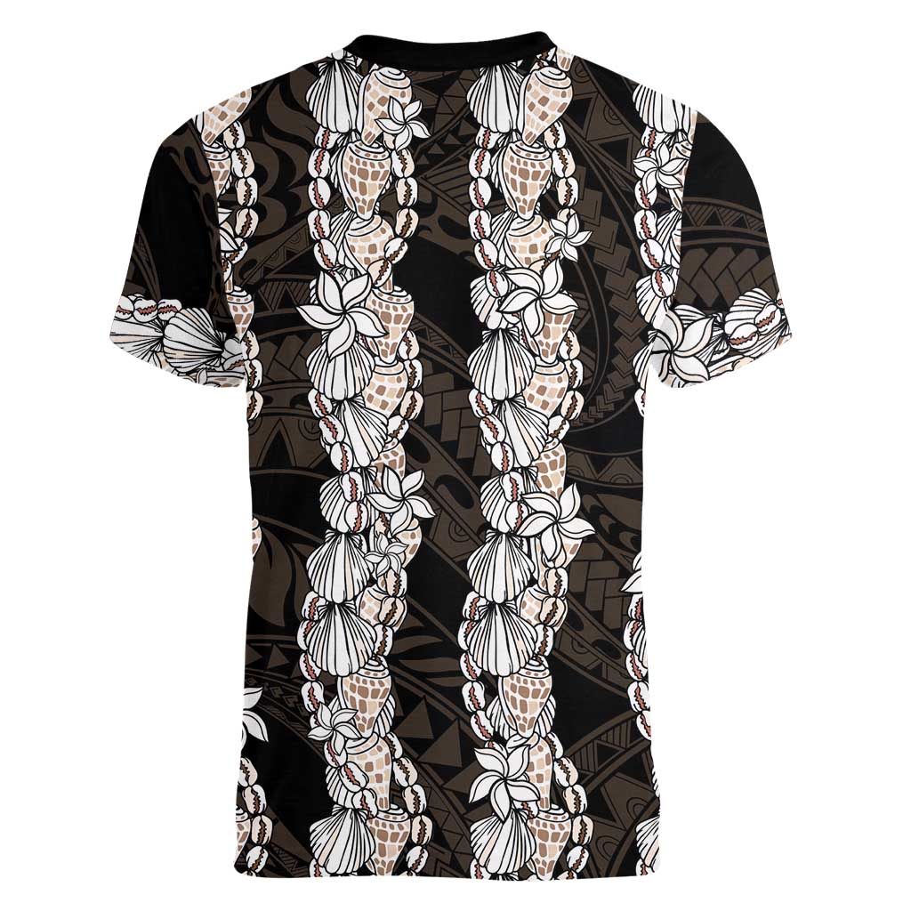 Black and Beige Hawaii Shell Lei Women V-Neck T-Shirt Hawaiian Sunrise Shell Hebrew Cone Plumeria LT14 - Polynesian Pride